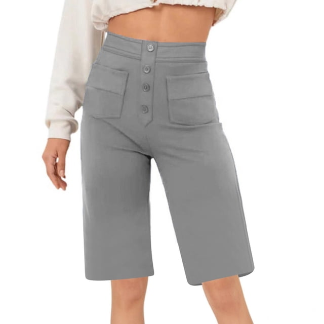 Timegard Shorts for Women High Waist Button Straight Leg Solid Color Comfy Casual Workout Half Pants