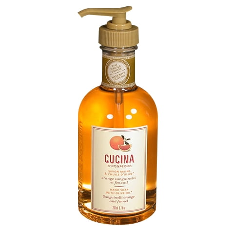 Cucina Sanguinelli Orange and Fennel Hand Soap in a 200ml recyclable bottle with a pump dispenser. The amber-coloured liquid soap is enriched with olive oil and features a sunny fragrance combining sanguinelli orange and fresh fennel. Made in Canada, the biodegradable formula contains no animal-derived ingredients and is not tested on animals.