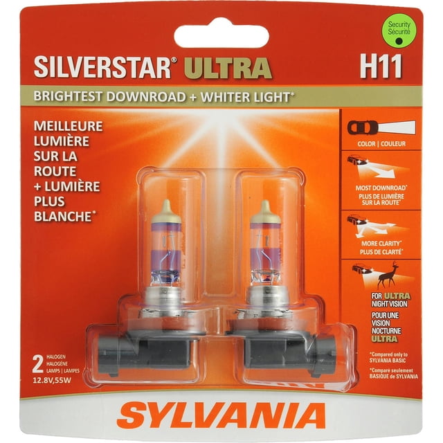 SYLVANIA H11 SilverStar ULTRA halogen headlight bulbs in retail packaging with two clear glass bulbs featuring visible filaments and black plastic bases, designed for brightest downroad and whiter light, ideal for automotive exterior car lighting and improved night driving clarity, shown on orange and white branded backing card with bilingual text.