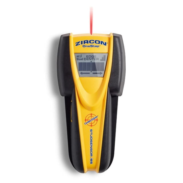Zircon StudSensor i65 Center and Edge Finding Electronic Stud Finder with a yellow and black handheld design, LCD screen showing stud center, edge, and AC wiring detection, emitting a red laser line, designed to locate wood and metal studs up to 1.5 inches deep.