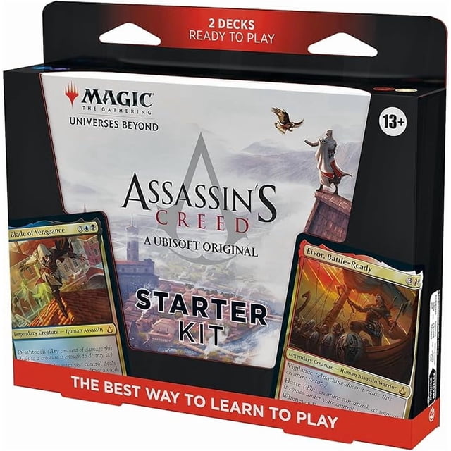 Magic: The Gathering - Assassin's Creed Starter Kit with two ready-to-play 60-card collectible card game decks inspired by Assassin's Creed, displayed in a branded box featuring Ezio and Eivor artwork. Includes a learn-to-play guide and deck boxes for ages 13+.