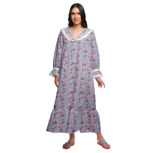 Moomaya Robe de Nuit Maxi pour Femmes en Coton à Col en V Imprimé avec Bordure Volantée