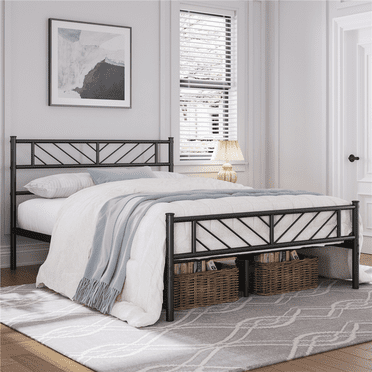 FullFurnique Minimalist Metal Platform Bed with Arrow Design Headboard for Adults, Full, Black