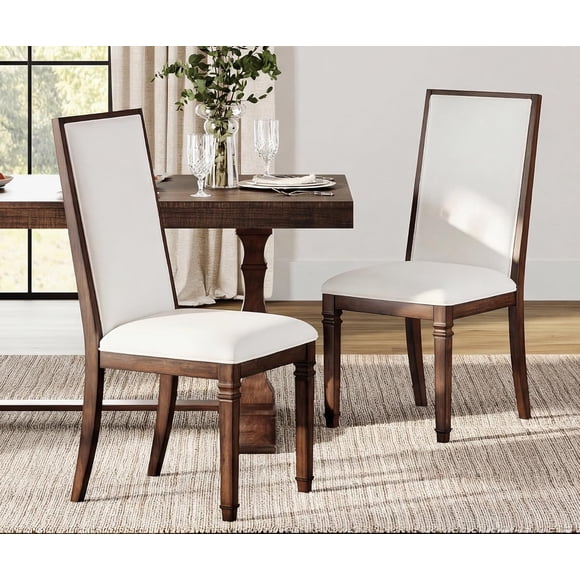 WAMPAT Set of 2 Vintage Mid-Century Dining Chairs, Solid Wood Frame, Beige Fabric, Thick Padded Seat, High Back, Farmhouse Rustic, Dark Walnut Brown