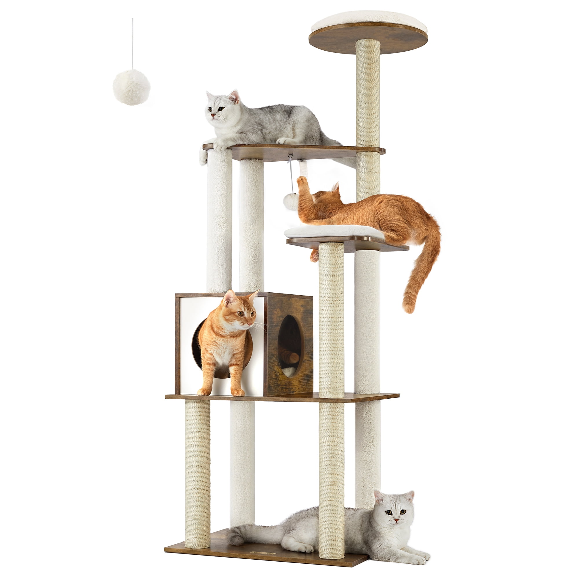 FEANDREA WoodyWonders Cat Tree, 65-Inch Modern Cat Tower for Indoor Cats, Multi-Level Cat Condo with 5 Scratching Posts, Rustic Brown