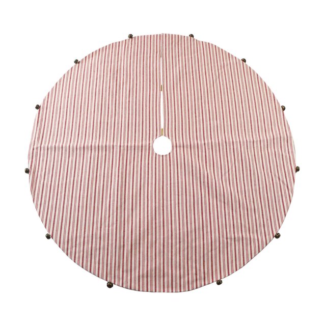 Round red and white striped Christmas tree skirt, 48 inches in diameter, featuring small decorative bells along the edge.