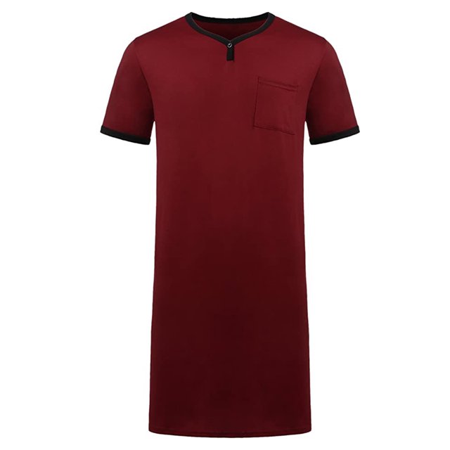 Men V-neck Long Sleeping Shirt, Solid Color Short Sleeve Split Hem Sleepwear