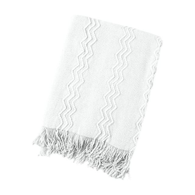 Bwiyojiz Room Decor 67.72x50x0.39 inch solid color tassel blanket in white, crafted from soft acrylic material. Features a knitted texture with elegant zigzag patterns and fringe detailing, ideal for use as a sofa throw, bed end blanket, or stylish home gift.
