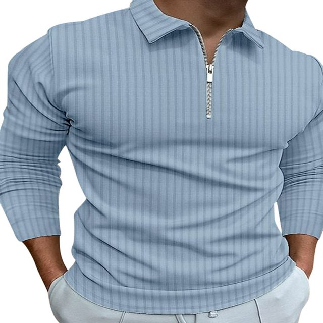 Stripe Print Men‘s Casual Ribbed Long Sleeve Tops with 1/4 Zipper