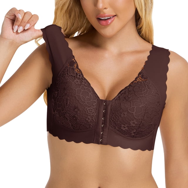 WRKEKC Wireless Bras for Women Front Closure Bra with Lace Trim and Push Up Padding for Light Support