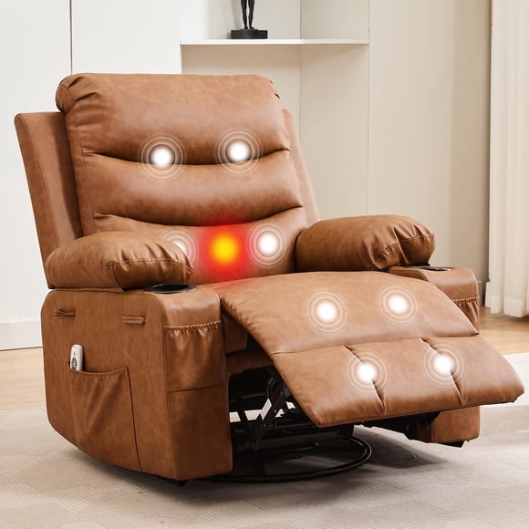 Cherish Oversized Recliner Chair Nursery – Manual Reclining Rocker, 360° Swivel Glider with Cup Holder, Massage & Heat, Small Single Sofa for Adults, Bedroom, RV