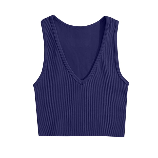 AherBiu Camisole Tops for Women Summer V Neck Low Cut Ribbed Knitted Slim Fitting Stretchy Solid Color Cropped Tank Tops