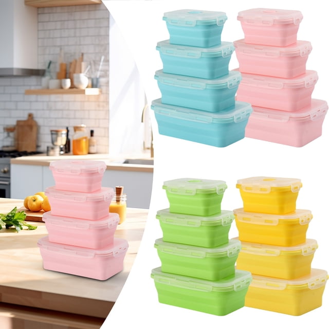 Food Storage Containers Basdi 4-Pc Silicone Storage Container Set - Microwave & Freezer Safe Food Savers | Airtight Lids, Stackable, Ideal for Meal Prep and Kitchen Organization, Microwave Safe Boxes