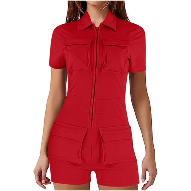 LOVZFMLL Women's Zip Pockets Color Work Lapel Jumpsuit Shorts Tight Jumpsuit Red XXL