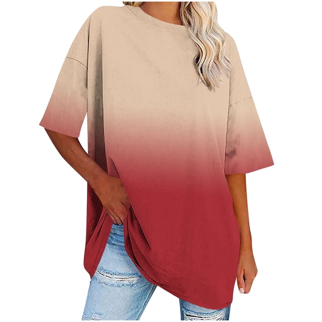 Kaemgyyd Womens Oversized T Shirts Half Sleeve Crewneck Gradient Summer Tops Casual Loose Plus Size Basic Tees