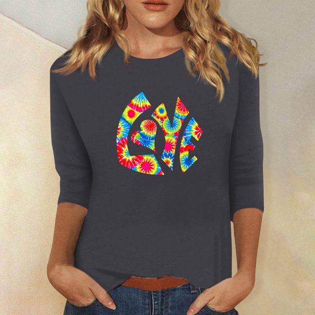 Qertyioot Cadeau de la Saint-Valentin pour Femme, Haut Décontracté Mode à Enfiler avec Manches 3/4, Haut à Col Rond Imprimé