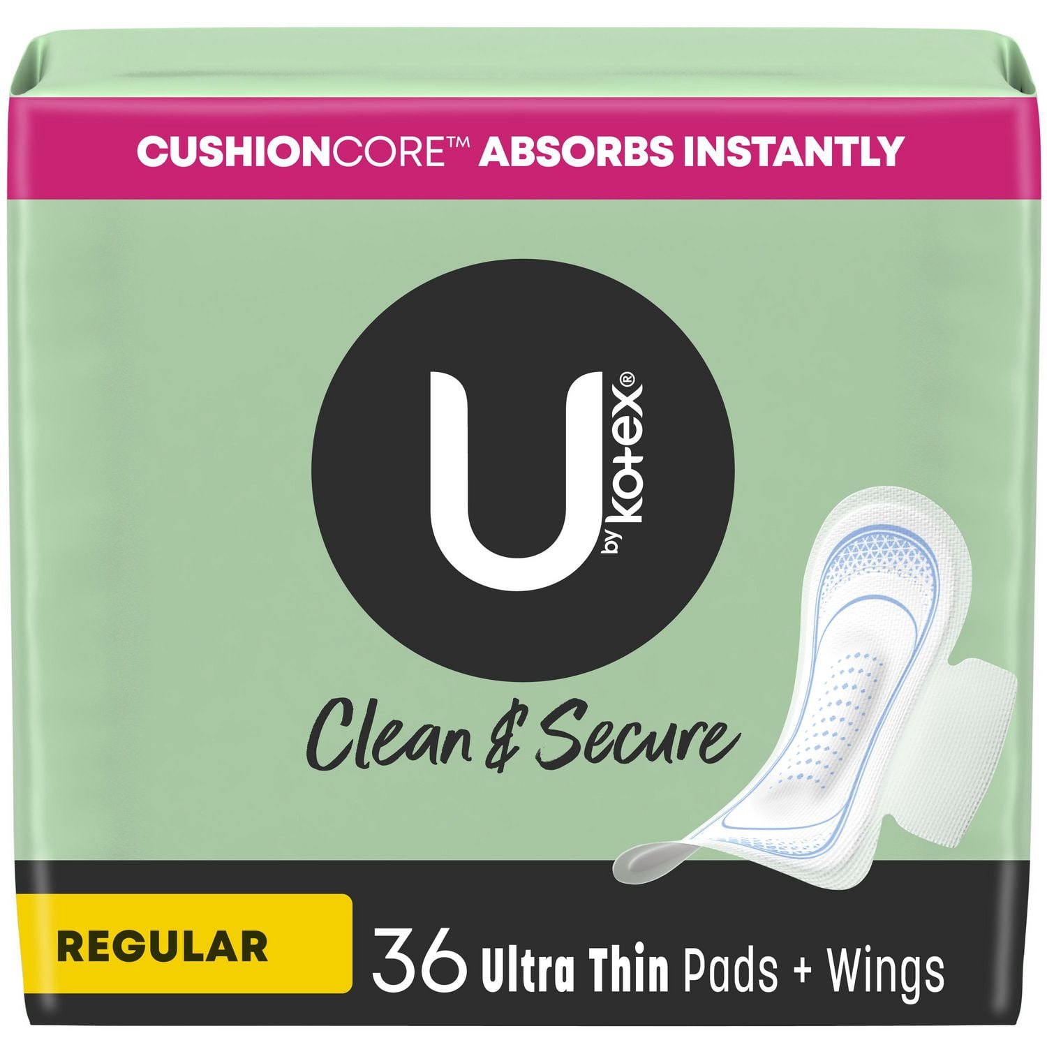 U by Kotex Clean & Secure Serviettes Ultraminces avec Ailes, Absorption Régulière 36 Unités