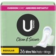 thumbnail image 1 of U by Kotex Clean & Secure Serviettes Ultraminces avec Ailes, Absorption Régulière 36 Unités, 1 of 9