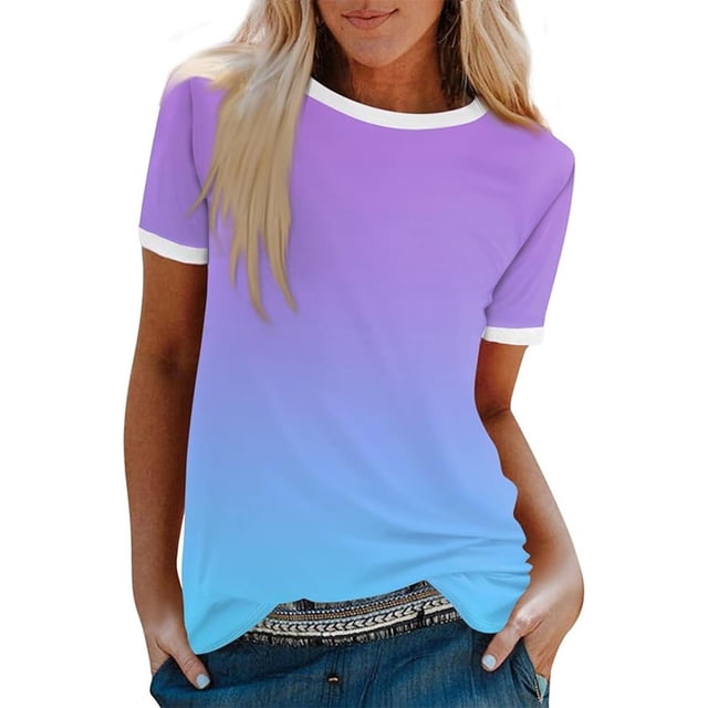 Haut à Manches Courtes pour Femme, Blouse Décontractée à Imprimé Dégradé avec Détail Patchwork, T-Shirt à Col Rond pour le Quotidien