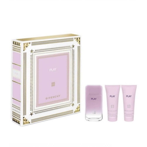 Givenchy Play Coffret Cadeau EDP 75 ml pour Elle, un Coffret Cadeau de Parfum Présentant une Bouteille de Parfum Sophistiquée et Deux Produits de Soins du Corps Assortis dans un Emballage Rose pastel. l'Ensemble Est Présenté avec une Boîte-Cadeau Élégante Ornée d'Accentures Dorées et Roses, Parfait pour Offrir.