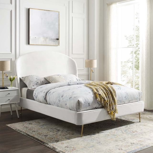 Modway Mira Lit Plateforme Grand en Velours de Performance Rembourré, Blanc