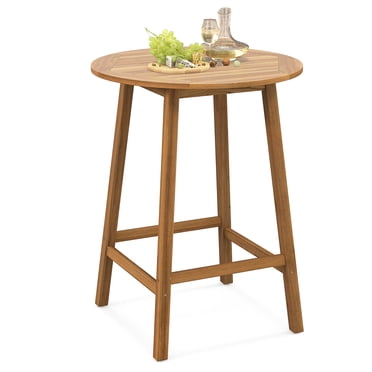 Gymax 31.5'' Patio Round Bar Table Acacia Wood W/Umbrella Hole Indoors Outdoors Natural