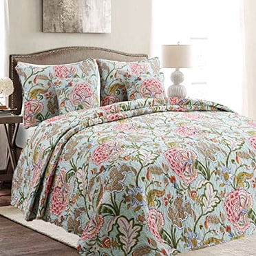 Cozy Line Home Fashions Blooming Red White Floral 100% Cotton Reversible Quilt Bedding Set, Coverlet Bedspread (Camellia Green, Queen - 3 Piece)
