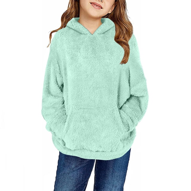 Milgrthf Girls Fuzzy Fleece Pullover Sweatshirt Casual Sherpa Winter Basic Tops Warm Outwear Coat with Pockets 4-12 Years Mint Green 150