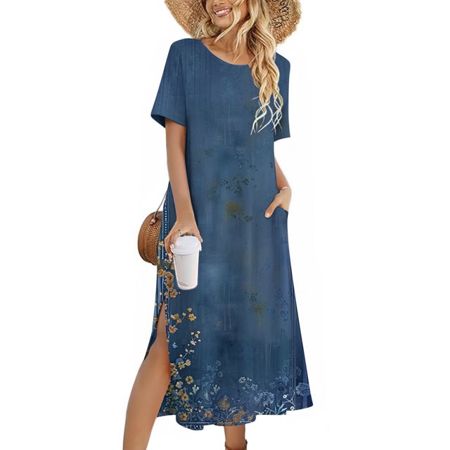 Ovzne Robes d'Été pour Femmes Robe d'Été Femme Couleur Unie Ample Décontractée Mode Robe à Manches Longues Robe à Col à Manches Longues Femme Robe de Printemps à Manches Longues Imprimée Liquidation
