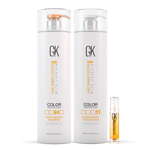 GK Hair Global Kératine Ensemble Shampooing et Revitalisant Hydratants 1000 ml I Sérum Capillaire à l'Huile d'Argan Biologique pour Contrôler les Frisottis Réparations après Sèches 10 ml