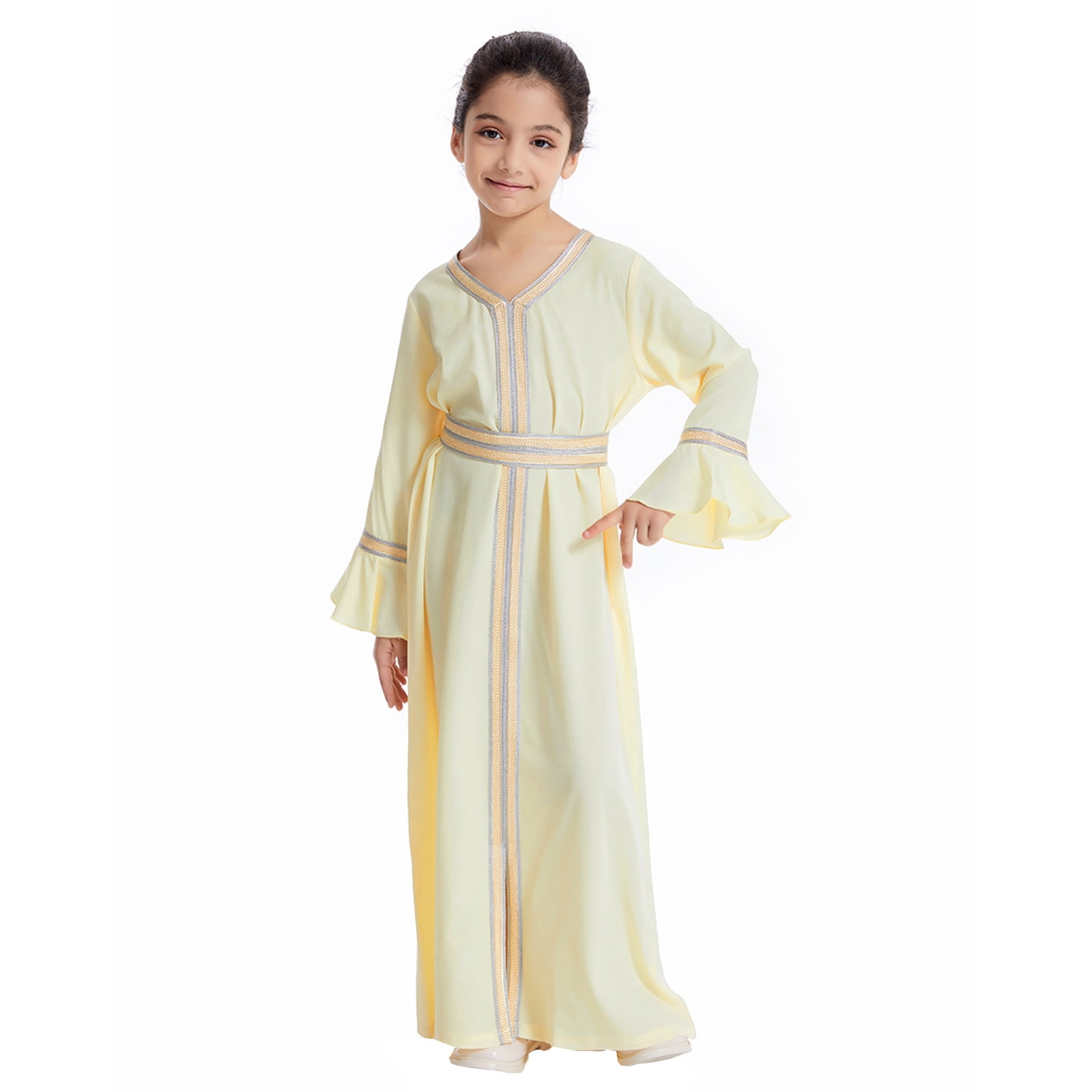 Hiiyo Big Girls Long Sleeve V-Neck Kaftan Maxi Dress Abaya Robe