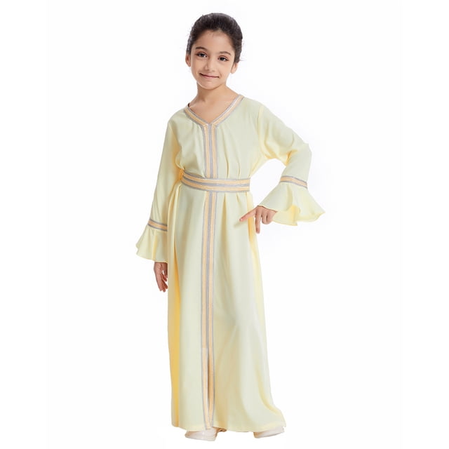 Hiiyo Big Girls Long Sleeve V-Neck Kaftan Maxi Dress Abaya Robe