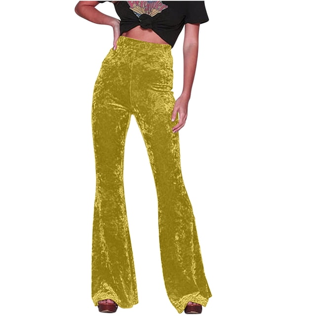 AherBiu Women's High Waisted Velour Bell Bottom Pants, Solid Color, Small US: 4