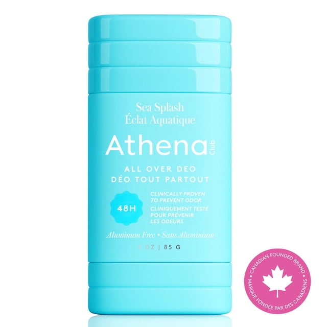 Athena Club All Over Deodorant Sea Splash 85 g in a light blue stick container with white bilingual text, offering 48-hour clinically proven odor protection, aluminum-free formula, and designed for all-over body use, shown front-facing on a white background.