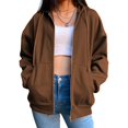 thumbnail image 2 of Veste à Capuche Zippée en Mélange de Coton Uni pour Femme, Mince, Haut Ample pour Femme, Café L, 2 of 7