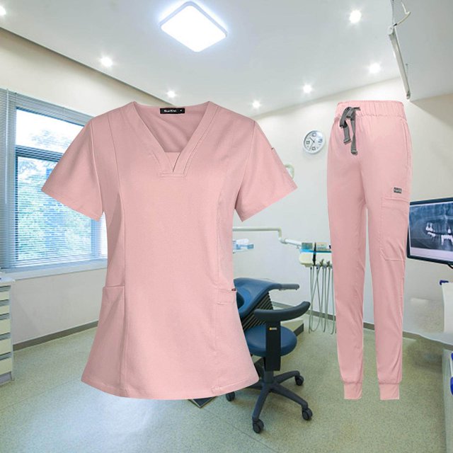 ziyahi Female Scrub Set Nurse v neckline Machine Washable Short Sleeves Suit M Pink