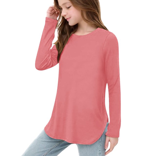 Plebaso Chemises à Manches Longues pour Filles Col Rond Hauts Décontractés Blouses Amples Unies pour Enfants Printemps Été