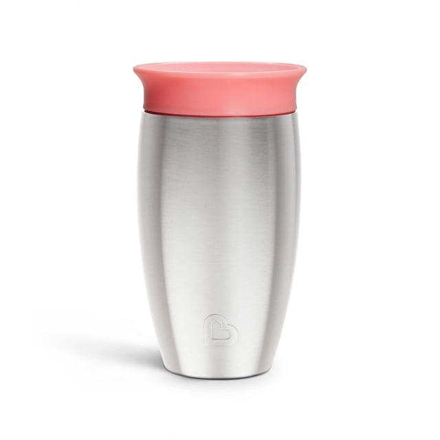 Munchkin Miracle® 360° Stainless Steel Sippy Cup, 10oz, front-facing view showing brushed stainless steel double-walled vacuum insulated body with pink spoutless 360° rim and embossed heart logo, designed to keep drinks cool and prevent spills for toddlers.