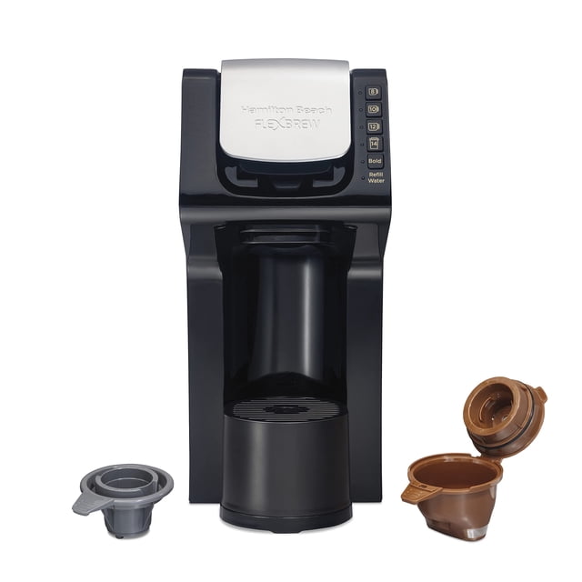 Hamilton Beach Gen 4 FlexBrew Single-Serve Coffee Maker in black with a removable 50 oz. water reservoir. Features compatibility with pod packs and ground coffee, offering 4 fast brewing options. Includes a pod holder and ground coffee adapter, shown alongside the machine.