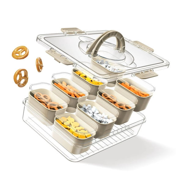 Boîte à collation Cook With Color à 8 compartiments en plastique, idéale pour la charcuterie et les apéritifs, plateau de service compartimenté avec couvercles et poignée, couleur neutre.