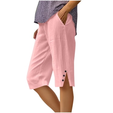 Lovzfmll Women's Linen Bermuda Shorts, Wide Leg Casual Pants with Side Slit & Button Front, Summer Shorts Pink, M