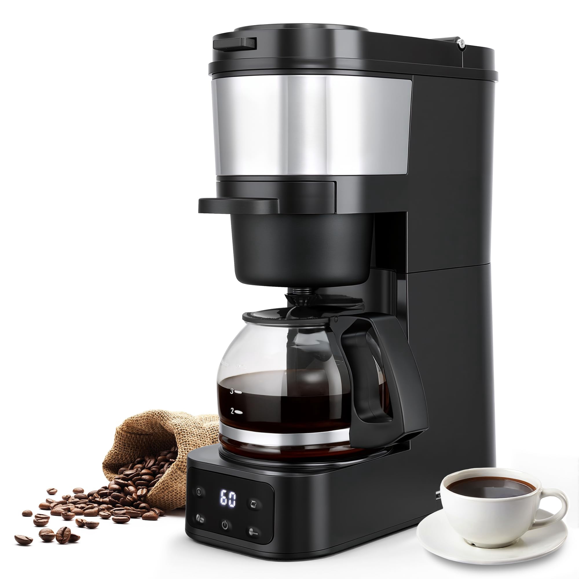 ATSENT Grind and Brew Coffee Maker,Drip Coffee Maker with Grinder Built In,5-Cup Programmable Coffee Machine with Brew Strength,Warming Plate and Mul
