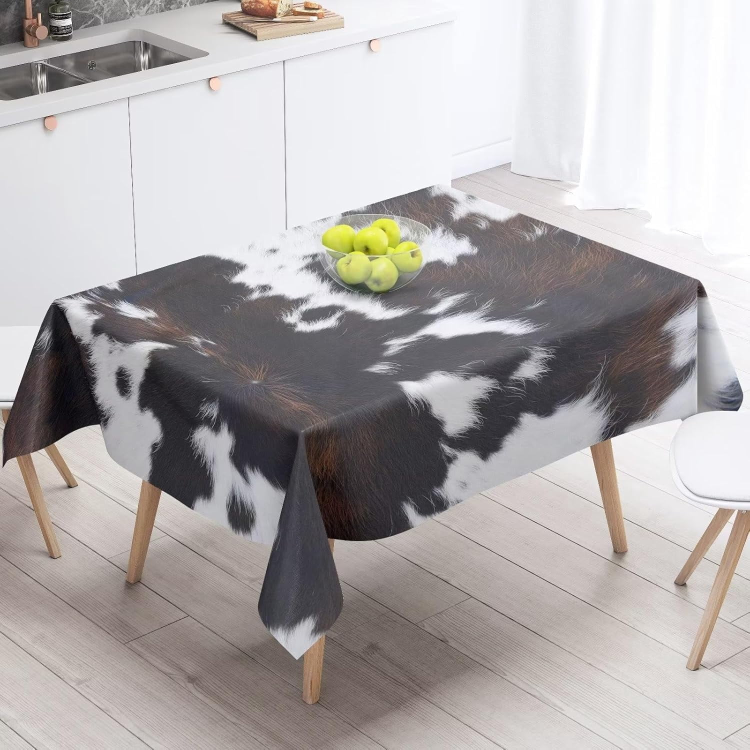 Cow Print Tablecloth, Cow Hide Pattern with Spots Farm Life with Cattle Camouflage Animal Skin, Rectangular Table Cover for Dining Room Kitchen Decor, 60"x120" Black