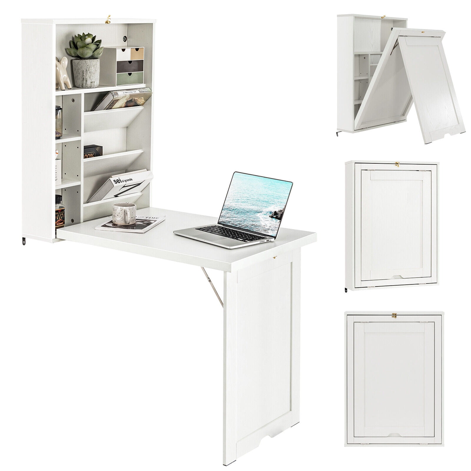 Gymax Wall Mounted Computer Convertible Desk Floating Desk w/ Storage Bookcases White