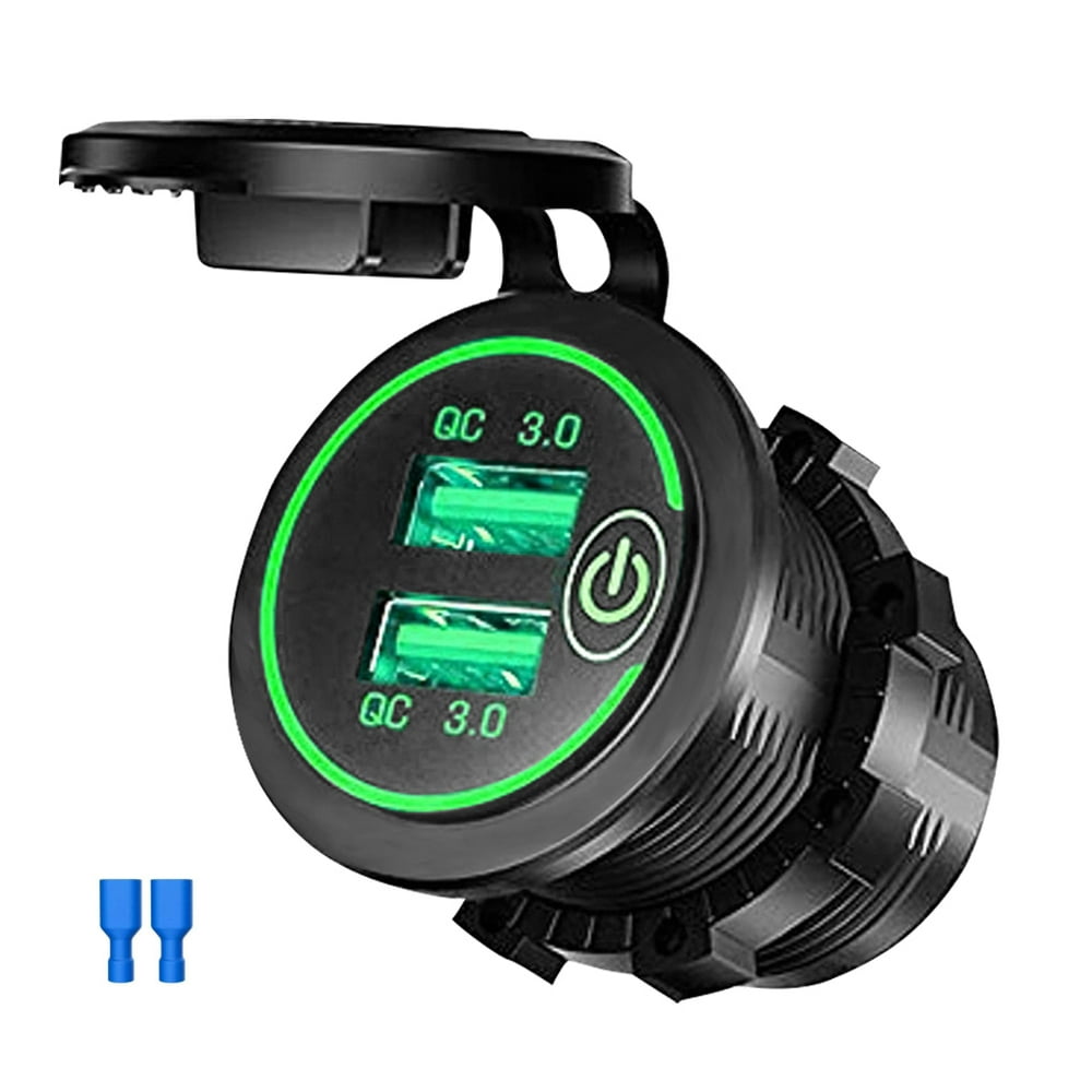 Car Charger Dual USB QC3.0 Motorbike Charger 12-24V LED Portable Charging Adapter  Green Light