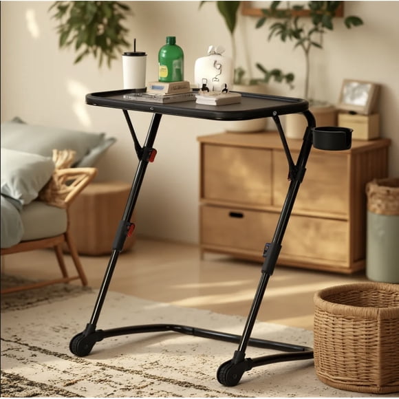 Homy Casa Folding Dining Table with Adjustable Height and Cup Holder, Portable Table for Breakfast, Lunch, and Dinner