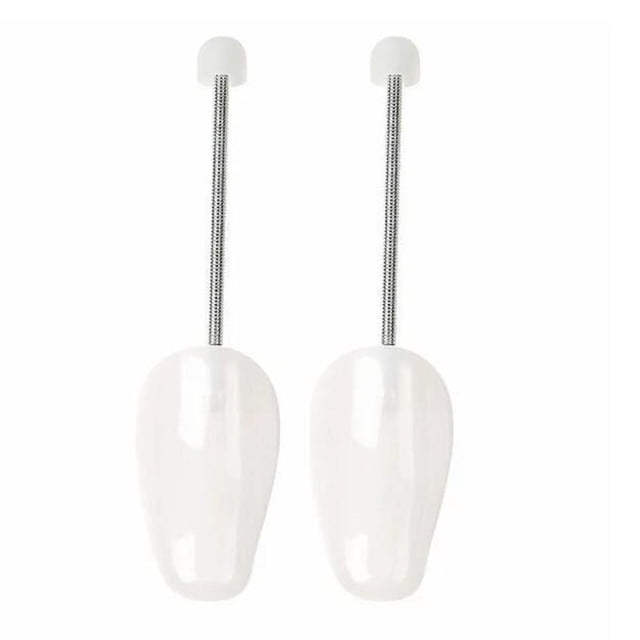 Less Than 5 Furniture Protection Automatic Retractable Shoe Tree Stretcher Shaper Spring Shoe Tree for Men Women Shoes. The image displays two clear plastic shoe trees with adjustable spring-loaded steel shafts, designed to support shoe uppers and prevent wrinkles. Suitable for sneakers, sports shoes, and casual footwear.