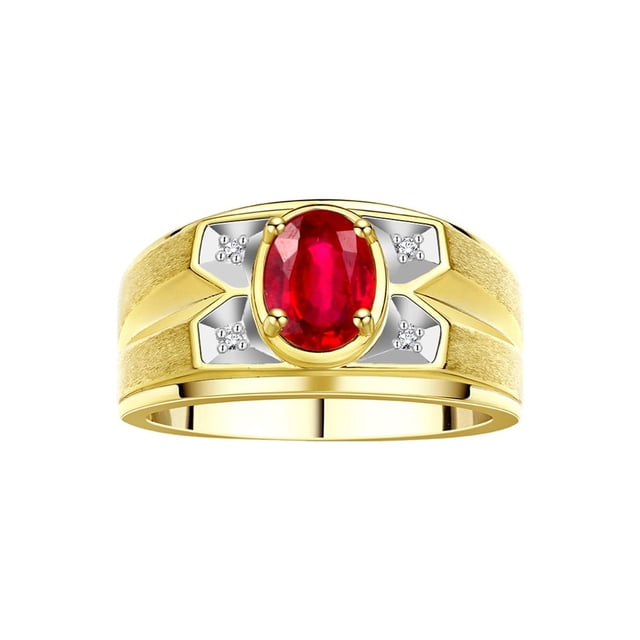 RYLOS Men's Rings Yellow Gold Plated Silver Rings Classic Designer Style 8X6MM Oval Gemstone & Diamond Ring Ruby July Birthstone Rings For Men, Size 12