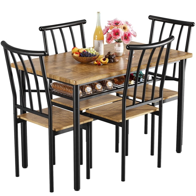 TROPOW 5-piece dining table set for 4 in rustic brown, featuring a rectangular MDF wood tabletop with a metal frame, four matching chairs with curved backrests, and a built-in storage rack underneath the table. The compact design allows chairs to tuck neatly under the table, making it ideal for small kitchens, dining rooms, or apartments. The set includes a spacious 47.24-inch by 27.6-inch table and chairs measuring 16.5 inches by 15.8 inches by 37.4 inches each. Perfect for family meals or casual gatherings.