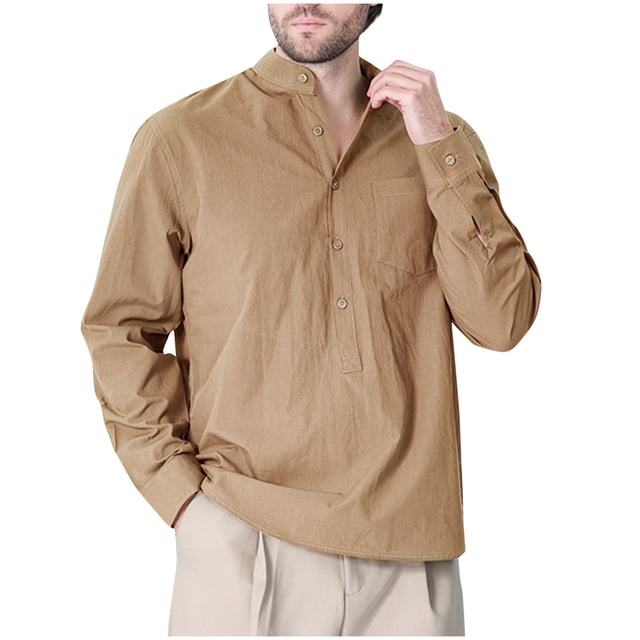 RXIRUCGD Mode Homme Uni Col Rabattu Demi-Cardigan Haut Décontracté Chemise Hauts à Boutons, Kaki, Taille : L